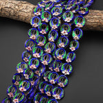 Hand Made Royal Blue Pink Green Cloisonné Donut Beads 20mm Decorative Floral Enamel Antique Vintage Look 15.5" Strand
