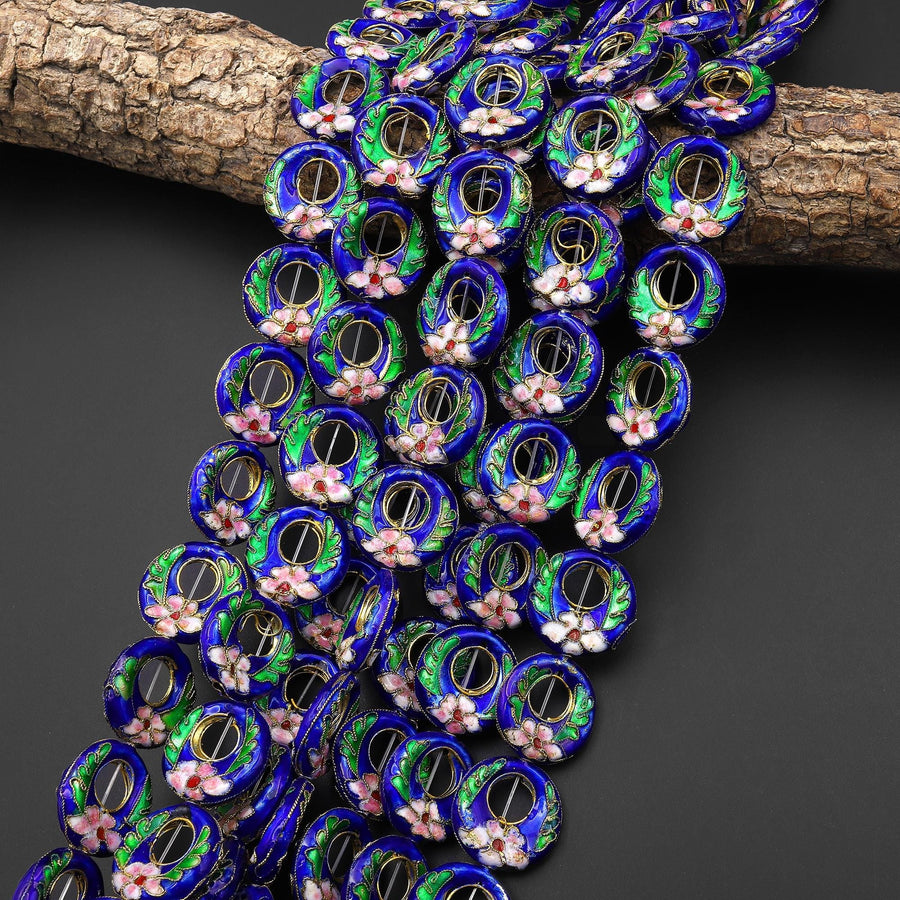 Hand Made Royal Blue Pink Green Cloisonné Donut Beads 20mm Decorative Floral Enamel Antique Vintage Look 15.5" Strand