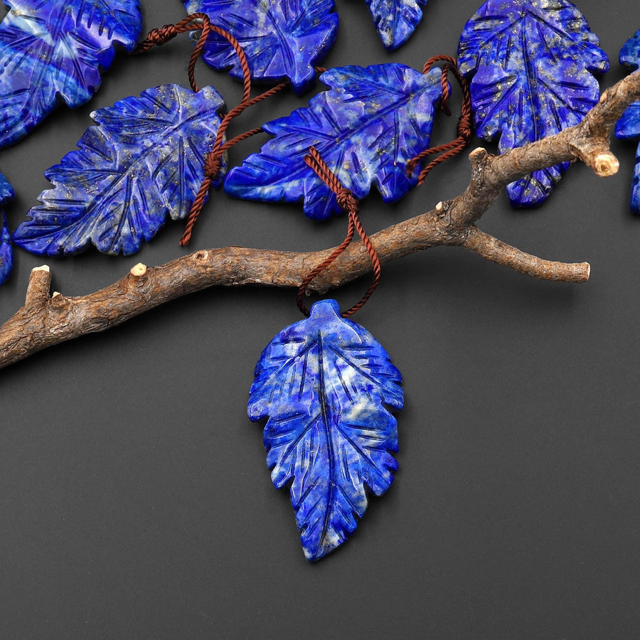 Hand Carved Natural Blue Lapis Leaf Pendant Focal Gemstone Bead A1