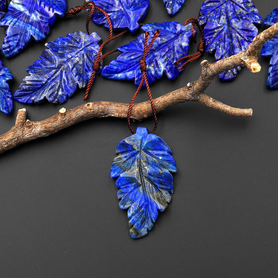 Hand Carved Natural Blue Lapis Leaf Pendant Focal Gemstone Bead A4