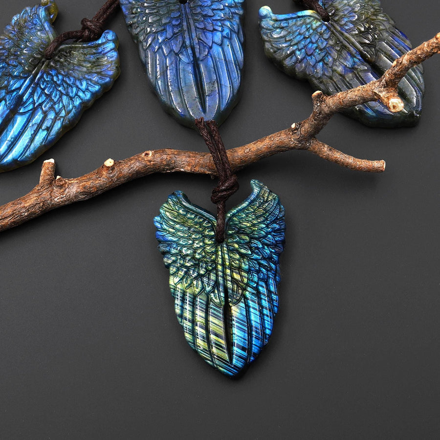 AAA Hand Carved Natural Labradorite Aurora Angel Wing Pendant Gemstone A1