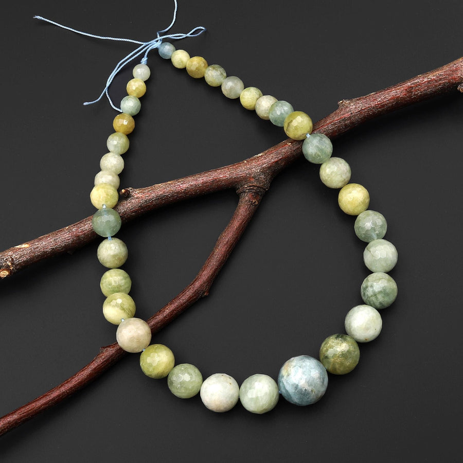 Graduated Rare Natural Aqua Blue Green Yellow Aquamarine Heliodor Faceted Round Gemstone Beryl Beads 15" Strand A1