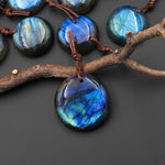 AAA Natural Golden Aqua Green Blue Labradorite Coin Circle Pendant Drilled Gemstone