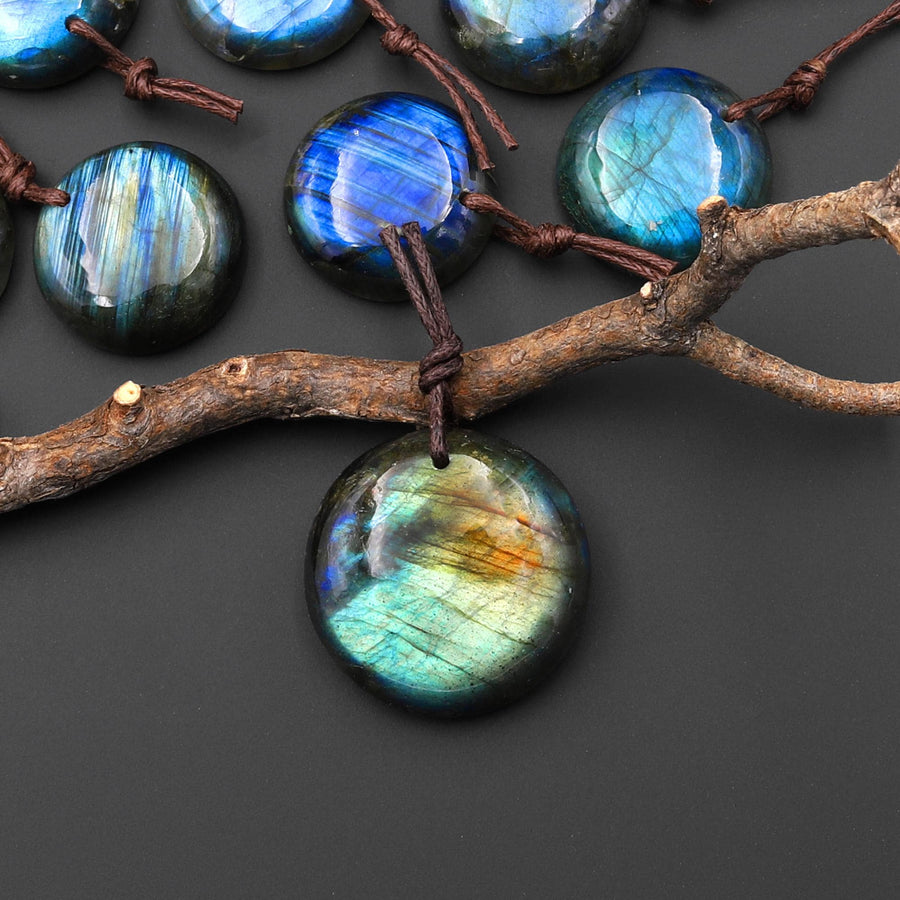 AAA Natural Golden Aqua Green Blue Labradorite Coin Circle Pendant Drilled Gemstone A5