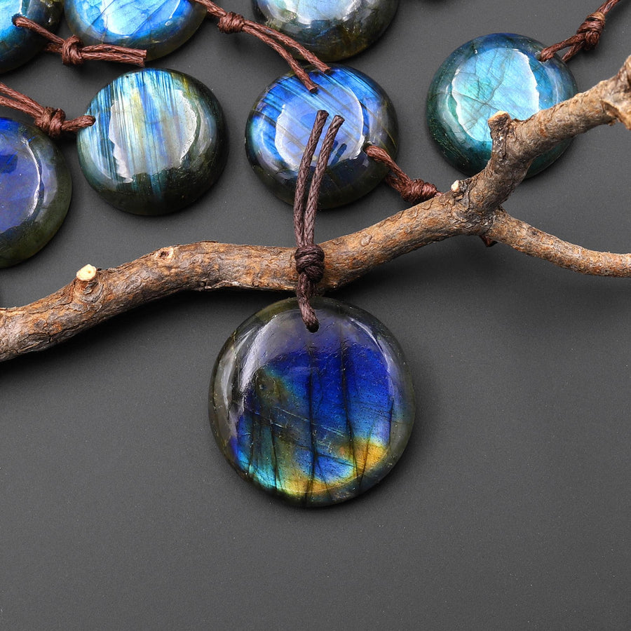AAA Natural Golden Aqua Green Blue Labradorite Coin Circle Pendant Drilled Gemstone A6