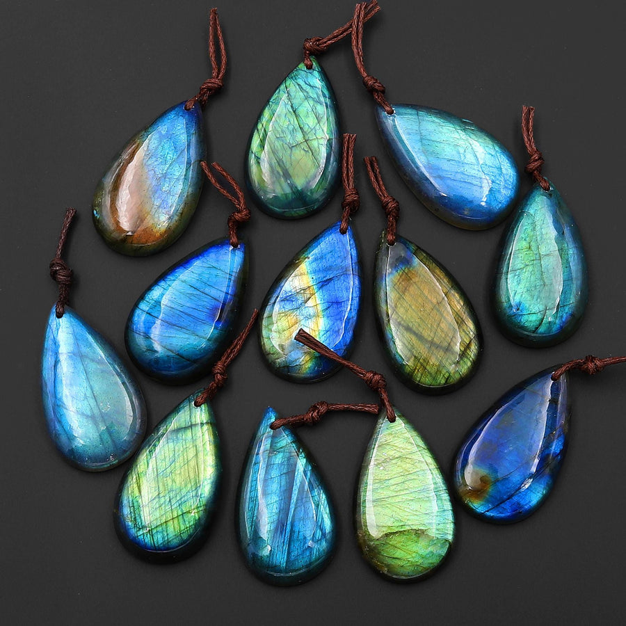 AAA Natural Golden Aqua Green Blue Labradorite Thin Long Teardrop Pendant Drilled Gemstone