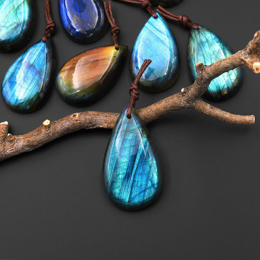 AAA Natural Golden Aqua Green Blue Labradorite Thin Long Teardrop Pendant Drilled Gemstone A2