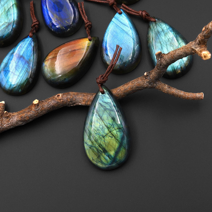AAA Natural Golden Aqua Green Blue Labradorite Thin Long Teardrop Pendant Drilled Gemstone A3