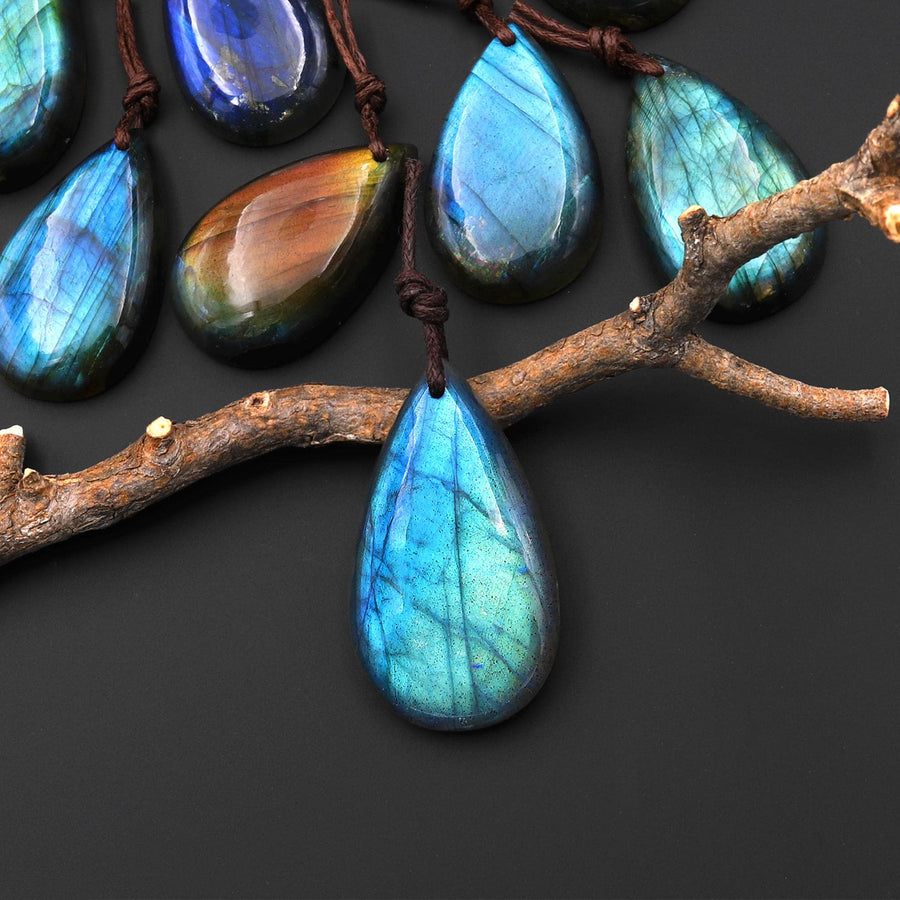 AAA Natural Golden Aqua Green Blue Labradorite Thin Long Teardrop Pendant Drilled Gemstone A4