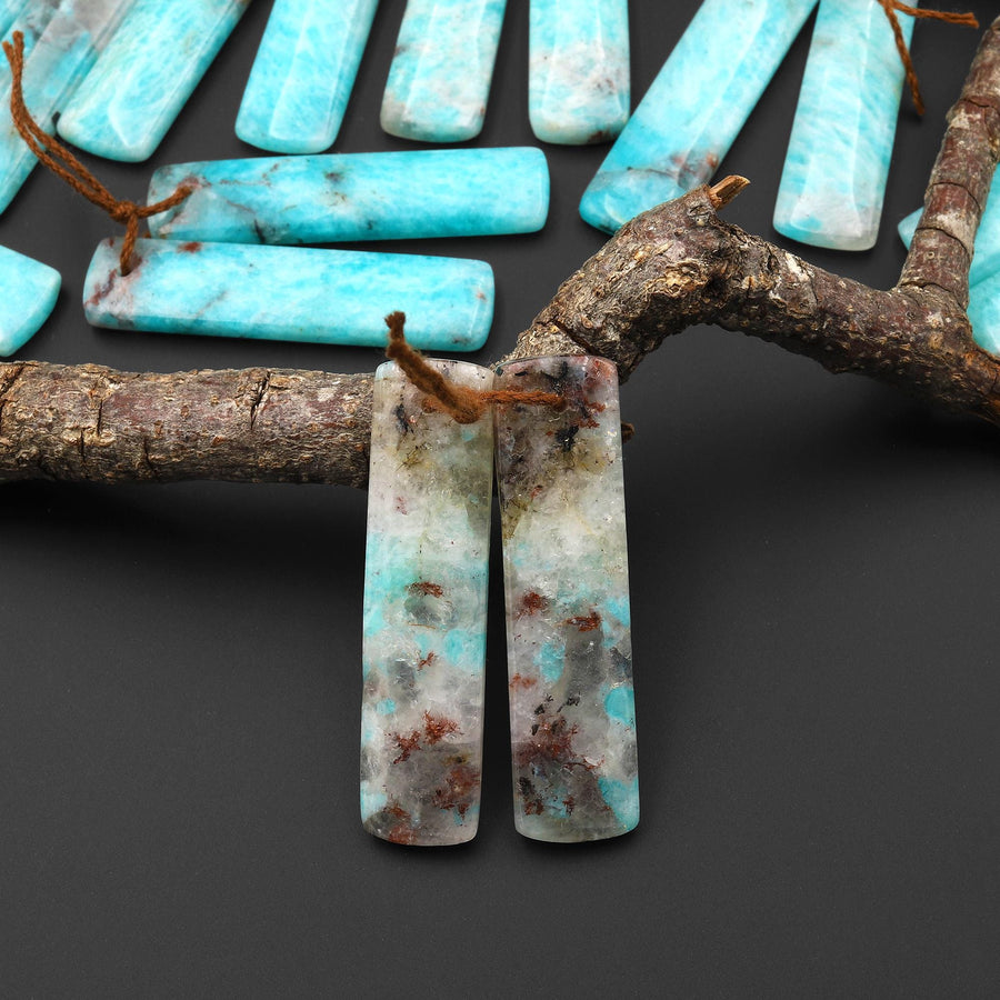 Natural Madagascar Blue Amazonite Quartz Matrix Rectangle Earring Drilled Matched Gemstone Bead Pair A10