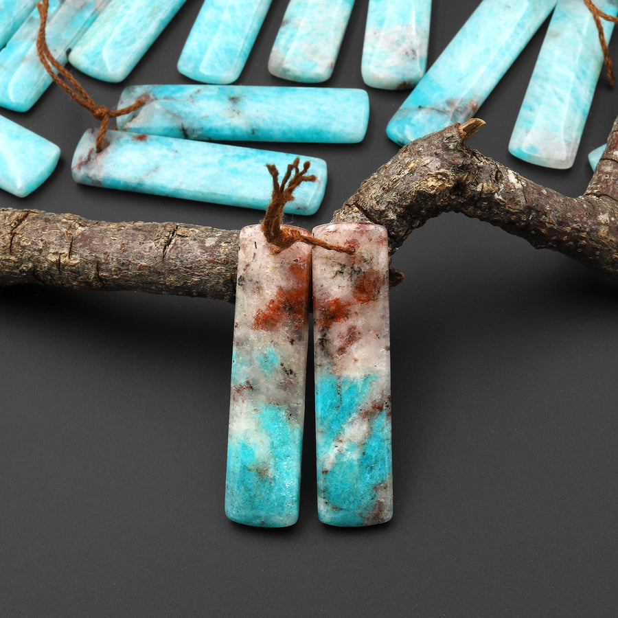Natural Madagascar Blue Amazonite Quartz Matrix Rectangle Earring Drilled Matched Gemstone Bead Pair A11