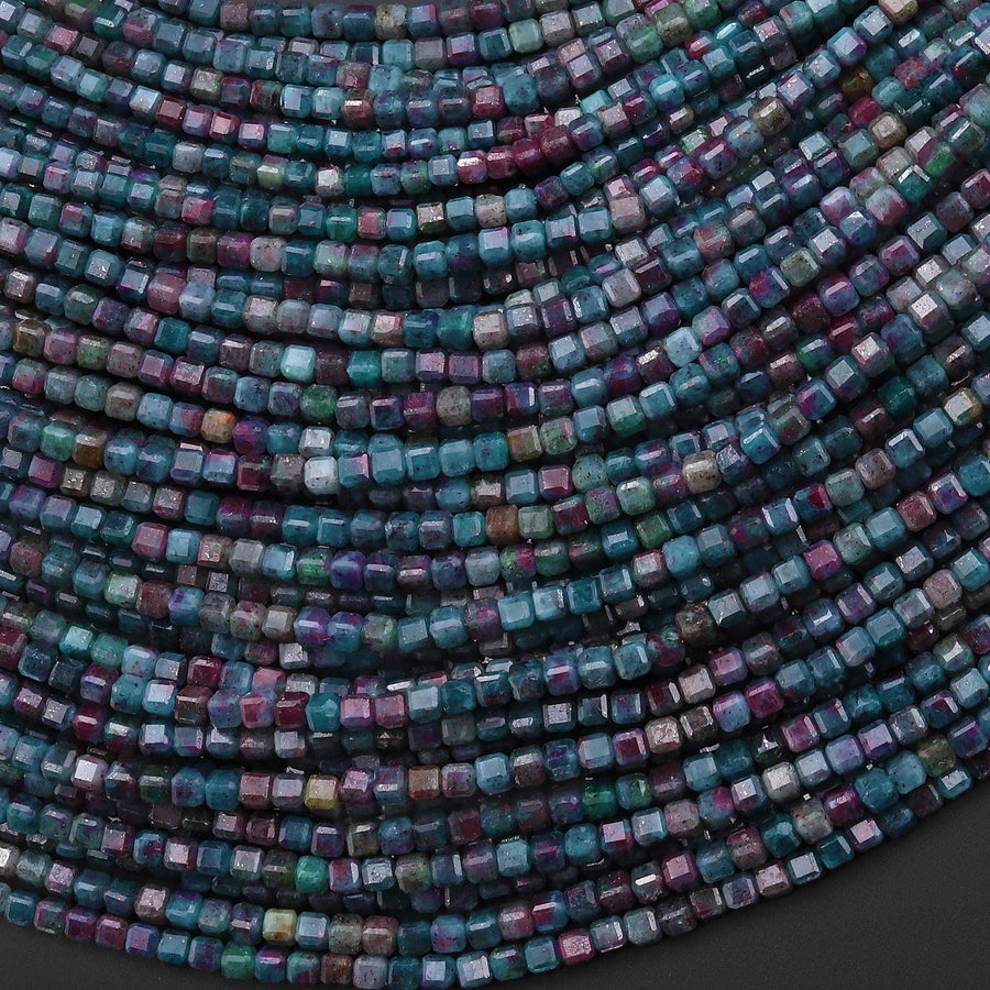 Rare Faceted Natural Ruby Kyanite Fuchsite 2mm Cube Beads Gemstone 15.5" Strand