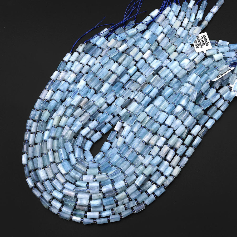 Natural Blue Aquamarine Tube Cylinder Gemstone Beads 15.5" Strand b4968