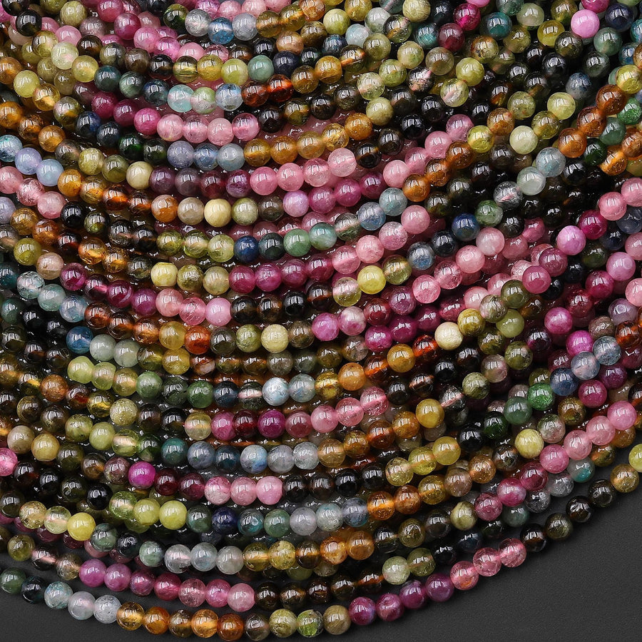 Genuine Natural Pink Green Aqua Blue Yellow Tourmaline 3mm Smooth Round Ombre Gemstone Beads 15.5" Strand
