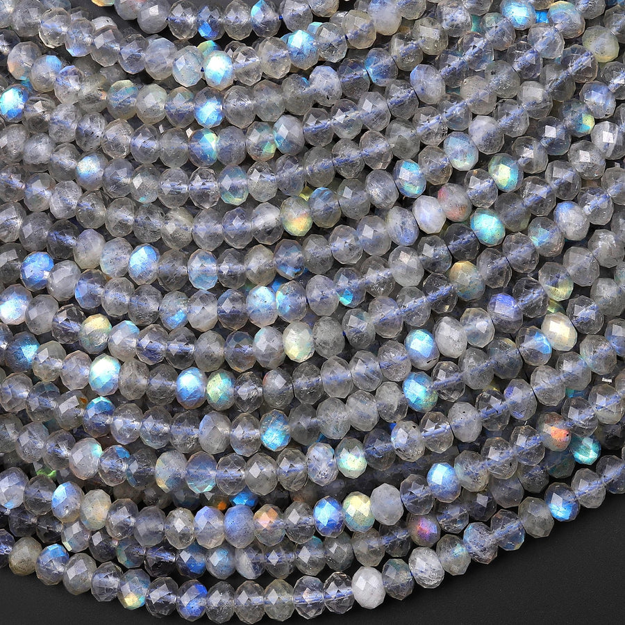 AAA Faceted Labradorite 5mm Rondelle Beads Brilliant Rainbow Golden Blue Flashes Fire 15.5" Strand
