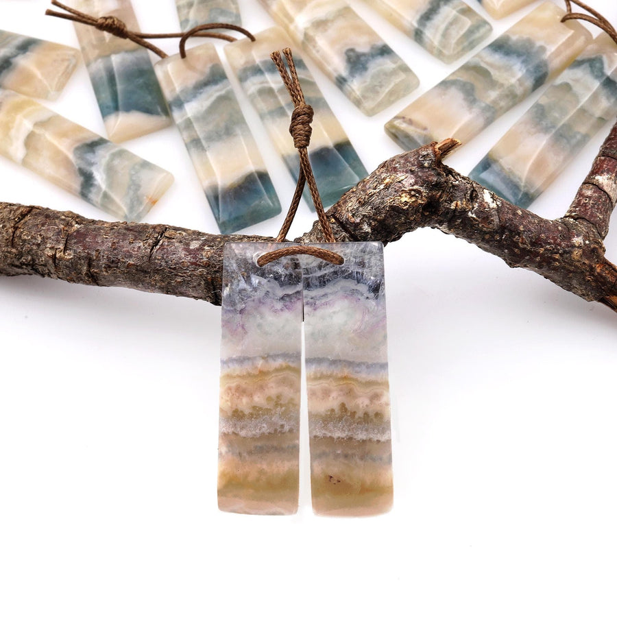 Rare Natural Green Moss Fluorite Rectangle Earring Pair Drilled Matched Gemstone Beads