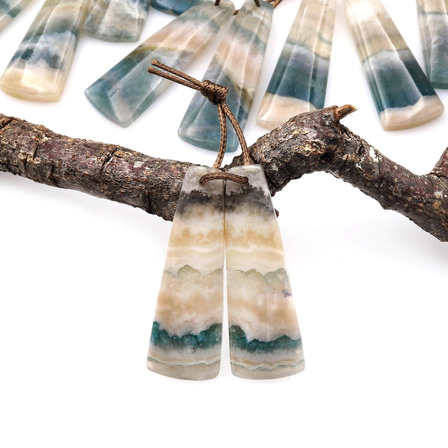Rare Natural Green Moss Fluorite Curved Long Trapezoid Earring Pair Drilled Matched Gemstone Beads