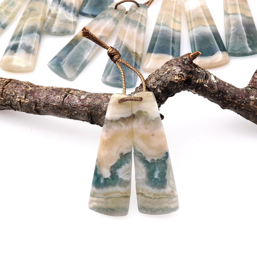 Rare Natural Green Moss Fluorite Curved Long Trapezoid Earring Pair Drilled Matched Gemstone Beads