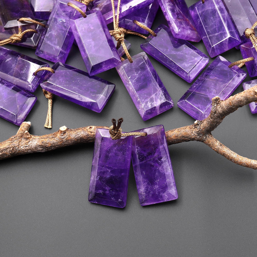 Natural Purple Amethyst Earring Pair Faceted Rectangle Tile Matched Gemstone Beads A1