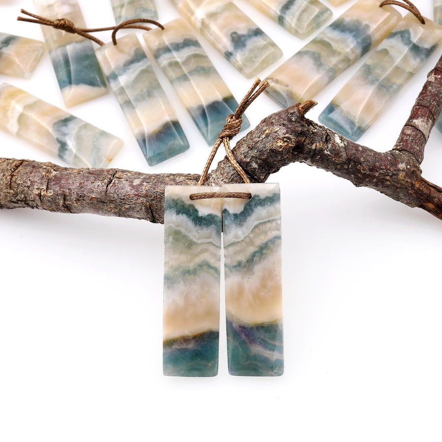 Rare Natural Green Moss Fluorite Rectangle Earring Pair Drilled Matched Gemstone Beads A3