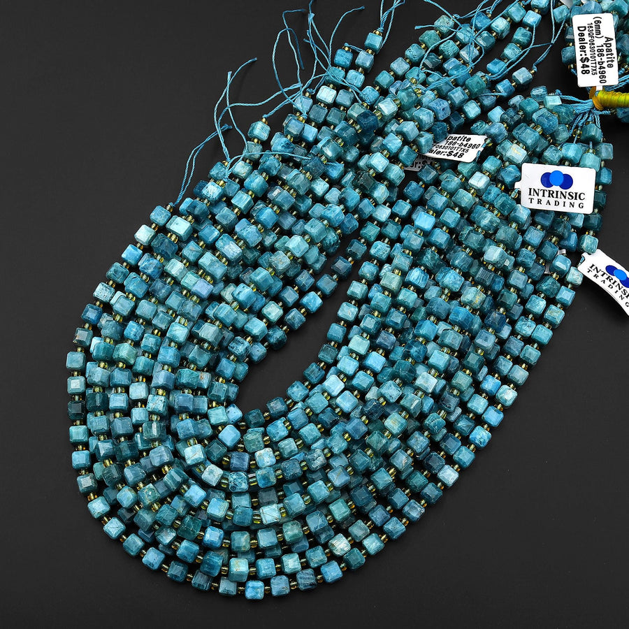 Natural Teal Blue Green Apatite Faceted 6mm Cube Beads Gemstone Dice 15.5" Strand