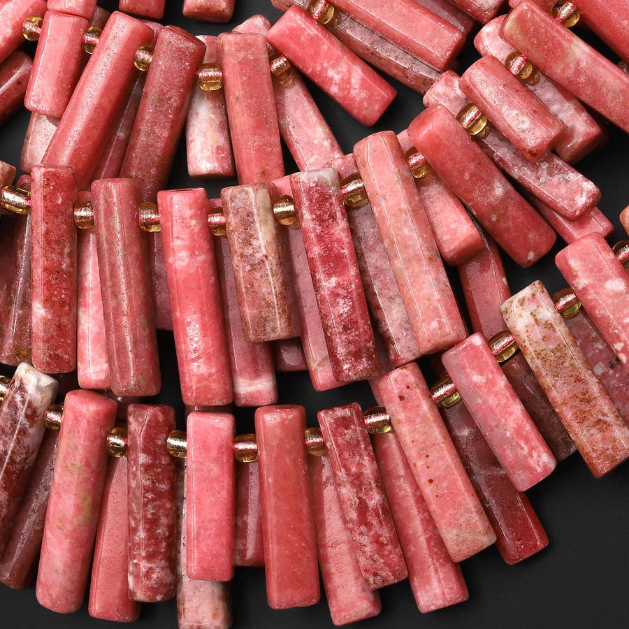 Natural Pink Thulite Faceted Tube Cylinder Spike Beads 15.5" Strand