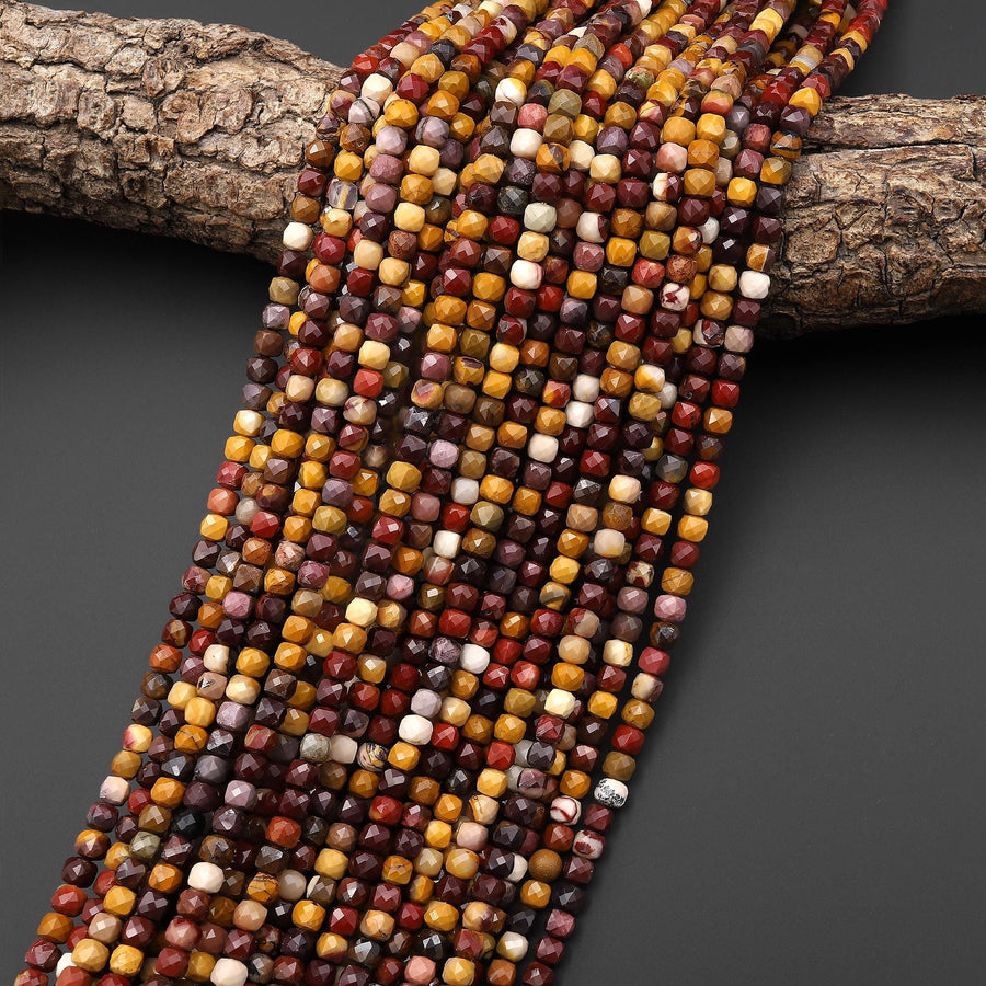 Faceted Natural Australian Mookaite Jasper Beads 4mm Cube Sunset Colors Red Yellow Maroon 15.5" Strand