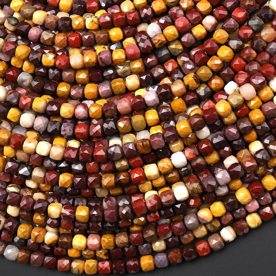 Faceted Natural Australian Mookaite Jasper Beads 4mm Cube Sunset Colors Red Yellow Maroon 15.5" Strand