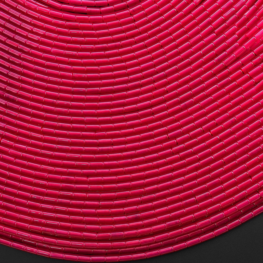 Lab-grown Red Ruby Smooth 2x4mm Thin Tube Gemstone Beads 15.5" Strand