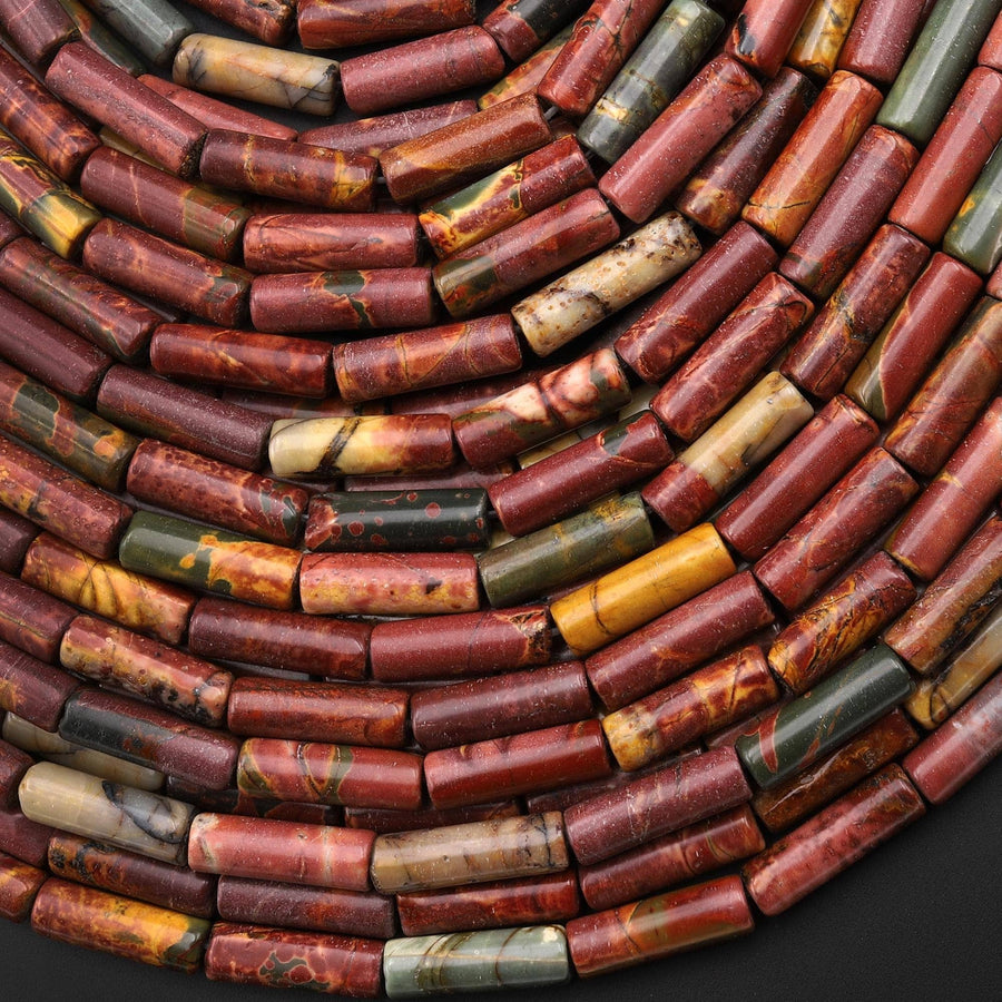 Natural Red Creek Jasper Thin Long Smooth Tube 4x13mm Beads 15.5" Strand