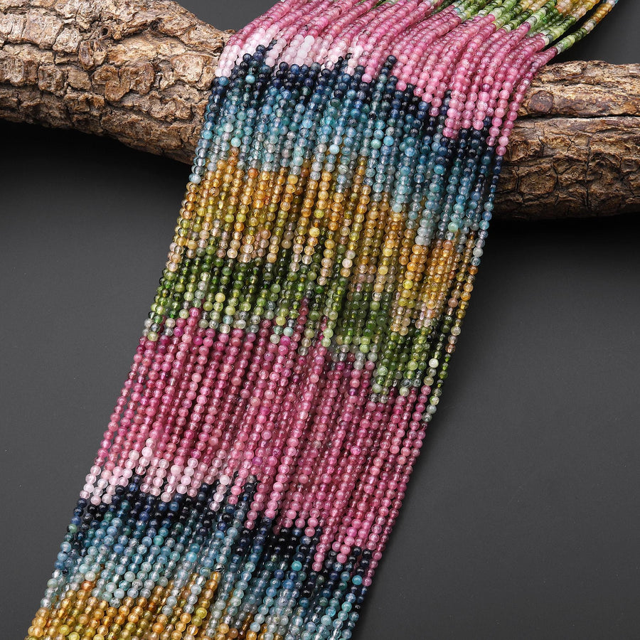 AAA Genuine Natural Pink Green Blue Yellow Tourmaline 2mm Smooth Round Ombre Gemstone Beads 15.5" Strand