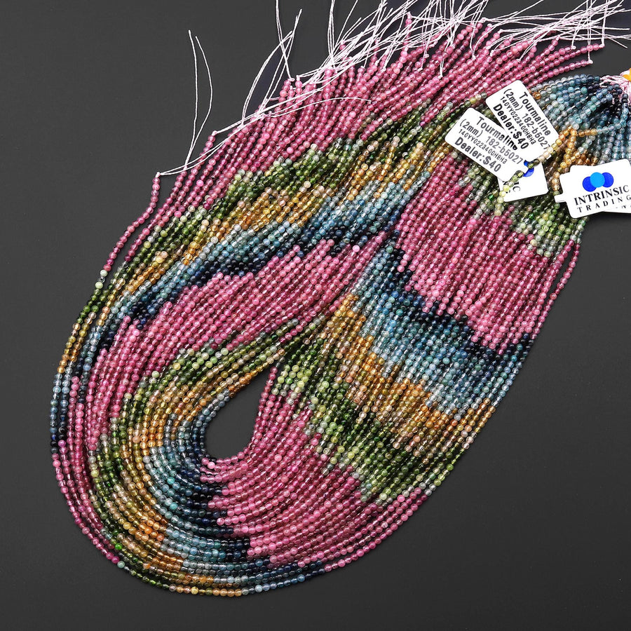 AAA Genuine Natural Pink Green Blue Yellow Tourmaline 2mm Smooth Round Ombre Gemstone Beads 15.5" Strand