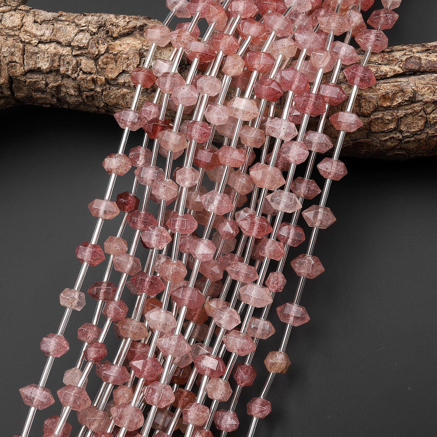 AAA Faceted Natural Strawberry Quartz Double Terminated Points 6x10mm Beads Center Drilled Gemstone 15.5" Strand