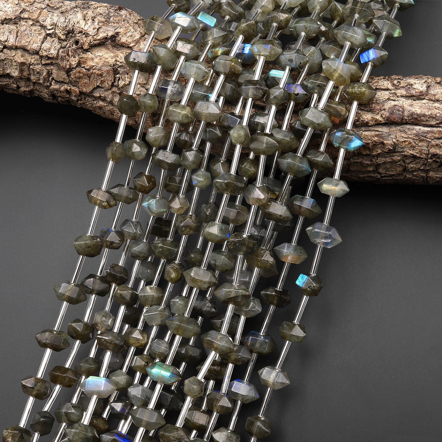 Faceted Natural Labradorite Double Terminated Points 6x10mm Beads Center Drilled Gemstone 15.5" Strand