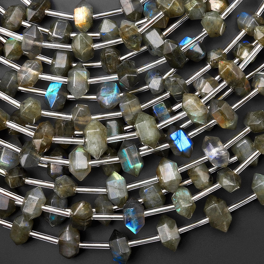 Faceted Natural Labradorite Double Terminated Points 6x10mm Beads Center Drilled Gemstone 15.5" Strand