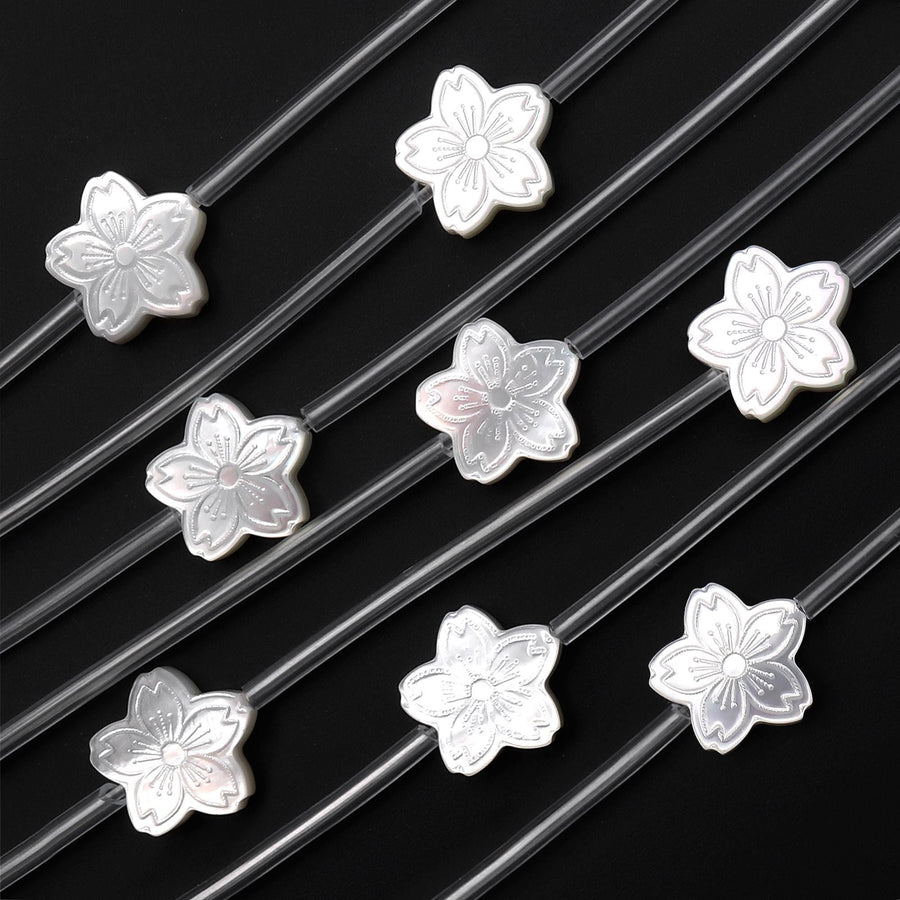 AAA Natural White Mother of Pearl Hand Carved Cherry Blossom Flower 10mm Gemstone Beads Strand