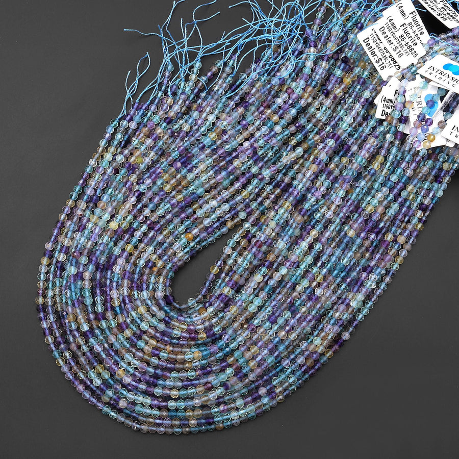 AAA Faceted Natural Aqua Blue Purple Fluorite 4mm Round Beads Gemstone 15.5" Strand