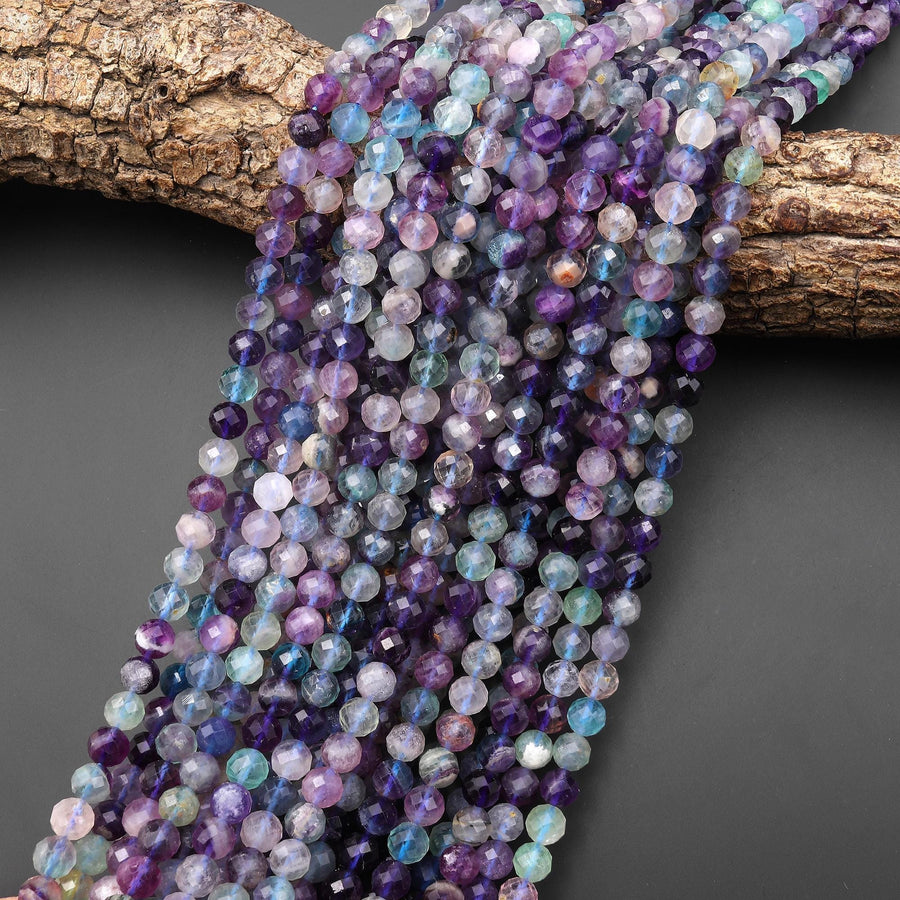 Faceted Natural Multicolor Rainbow Fluorite6mm Round Beads Purple Green Gemstone 15.5" Strand
