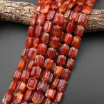 Hand Carved Natural Orange Red Carnelian Rounded Rectangle Gemstone Beads 15.5" Strand