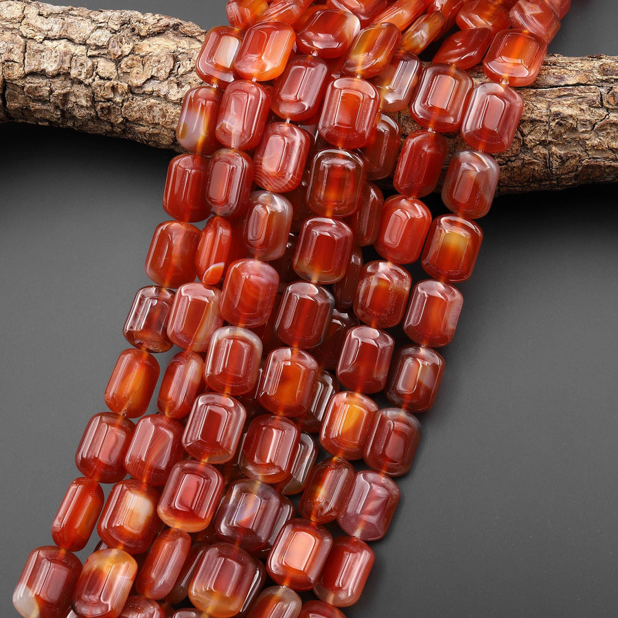 Hand Carved Natural Orange Red Carnelian Rounded Rectangle Gemstone Beads 15.5" Strand