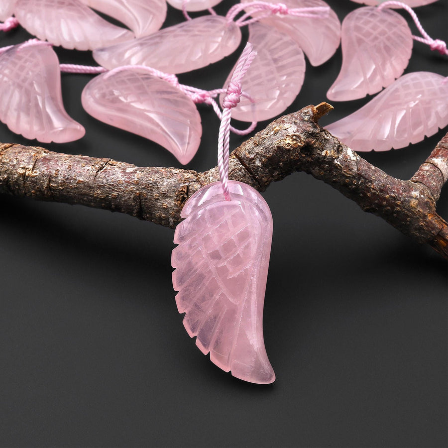 AAA Hand Carved Natural Pink Rose Quartz Angel Wing Pendant Bead Drilled Gemstone A1