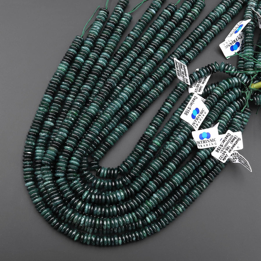 AAA Rare Natural Guatemalan Dark Blue Green Jade Smooth Thin Rondelle Heishi 9mm 10mm Beads 15.5" Strand