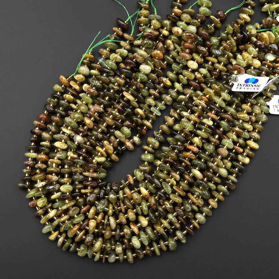 Natural Green Garnet Freeform Chip Pebble Beads Center Drilled Gemstone 15.5" Strand