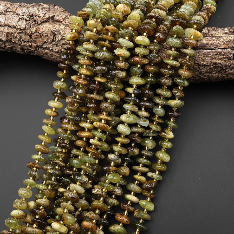 Natural Green Garnet Freeform Chip Pebble Beads Center Drilled Gemstone 15.5" Strand