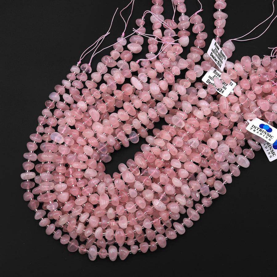 Natural Madagascar Mauve Pink Rose Quartz Center Drilled Freeform Thick Pebble Nugget Beads 15.5" Strand b5017