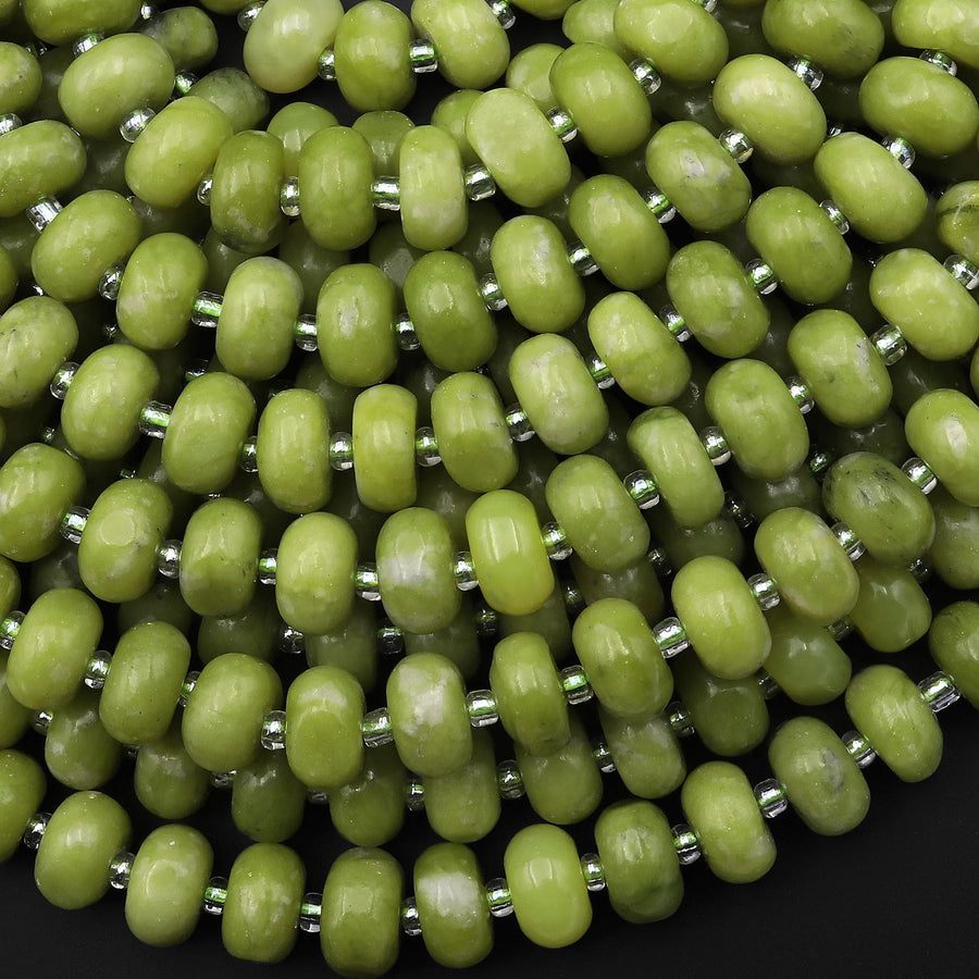 Natural Green Serpentine Jade Freeform Thick Rondelle Nugget 10mm Beads 15" Strand