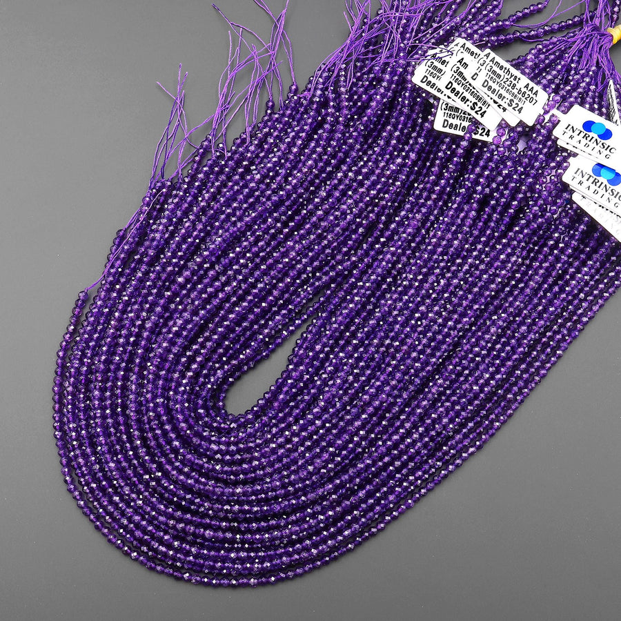 AAA Faceted Natural Deep Purple Amethyst 3mm Round Beads Gemstone 15.5" Strand