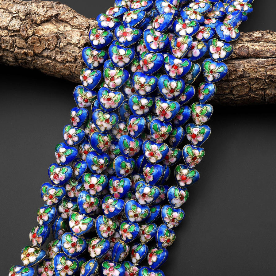 Hand Made Turquoise Blue Pink Green Cloisonné Heart Bead 12mm 16mm 22mm Decorative Floral 15.5" Strand