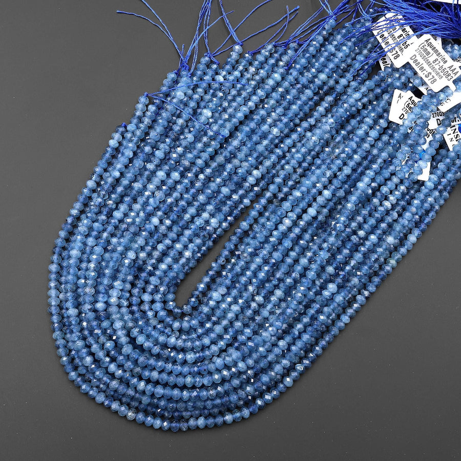 AAA Translucent Faceted Natural Stormy Blue Santa Maria Aquamarine Rondelle Beads 5mm Gemstone 15.5" Strand