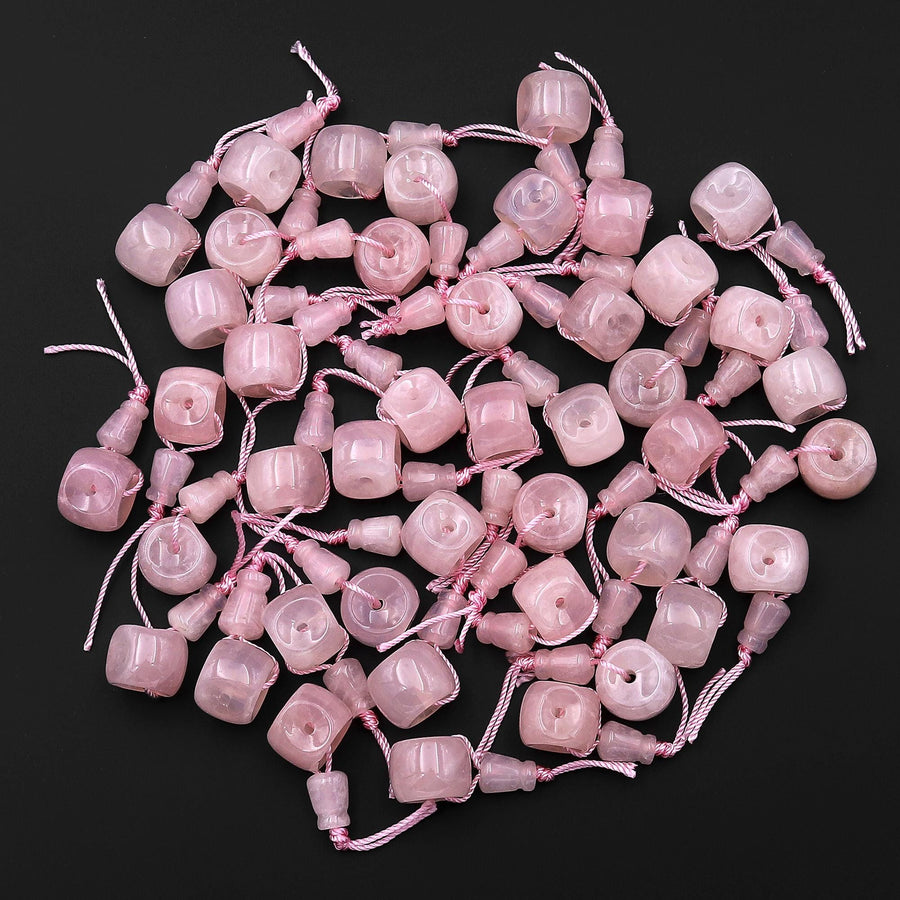 Natural Pink Rose Quartz Guru Beads 3 Holes T-Beads Set For Mala Making 12mm 14mm 18mm